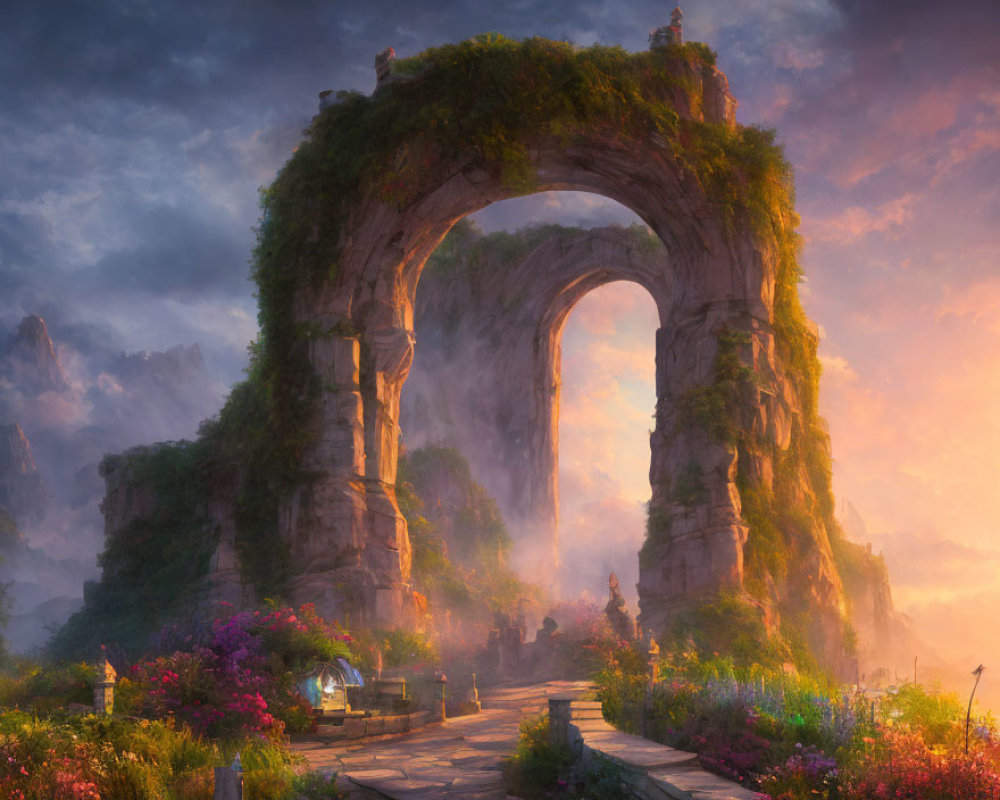 Mystical archway surrounded by vibrant flowers at sunset