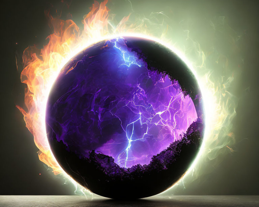 Glowing orb with earth-like core, blue lightning, and fiery flames on dark background