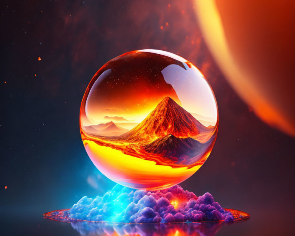 Transparent sphere with volcanic landscape under starry sky and large sun