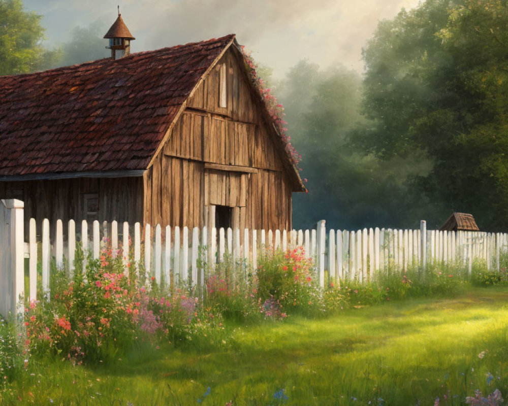 Rustic wooden barn with white picket fence and wildflowers in warm sunlight.