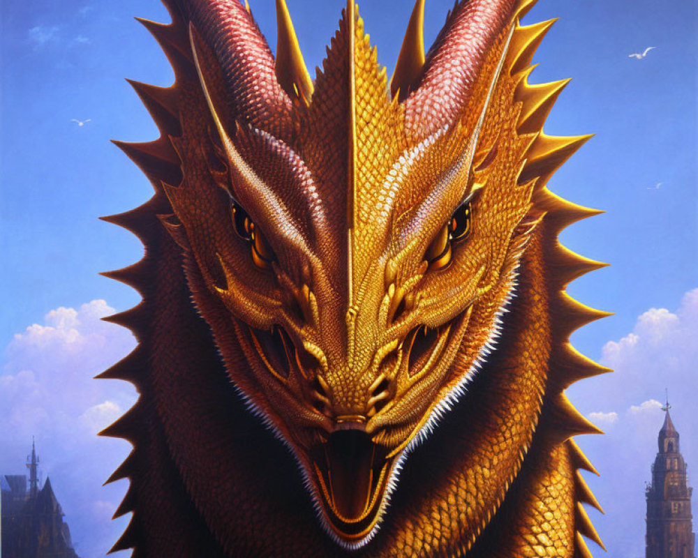 Golden Dragon with Piercing Eyes and Castle Towers in Blue Sky