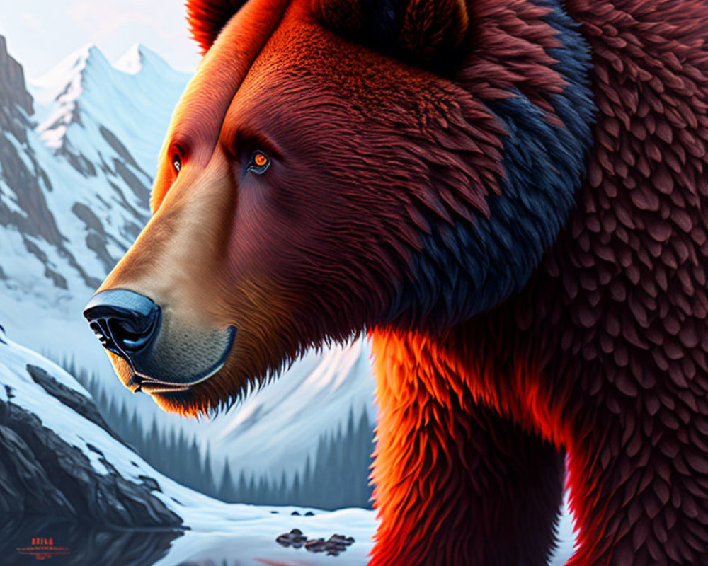 Detailed Illustration of Red-Brown Bear in Snowy Mountain Scene