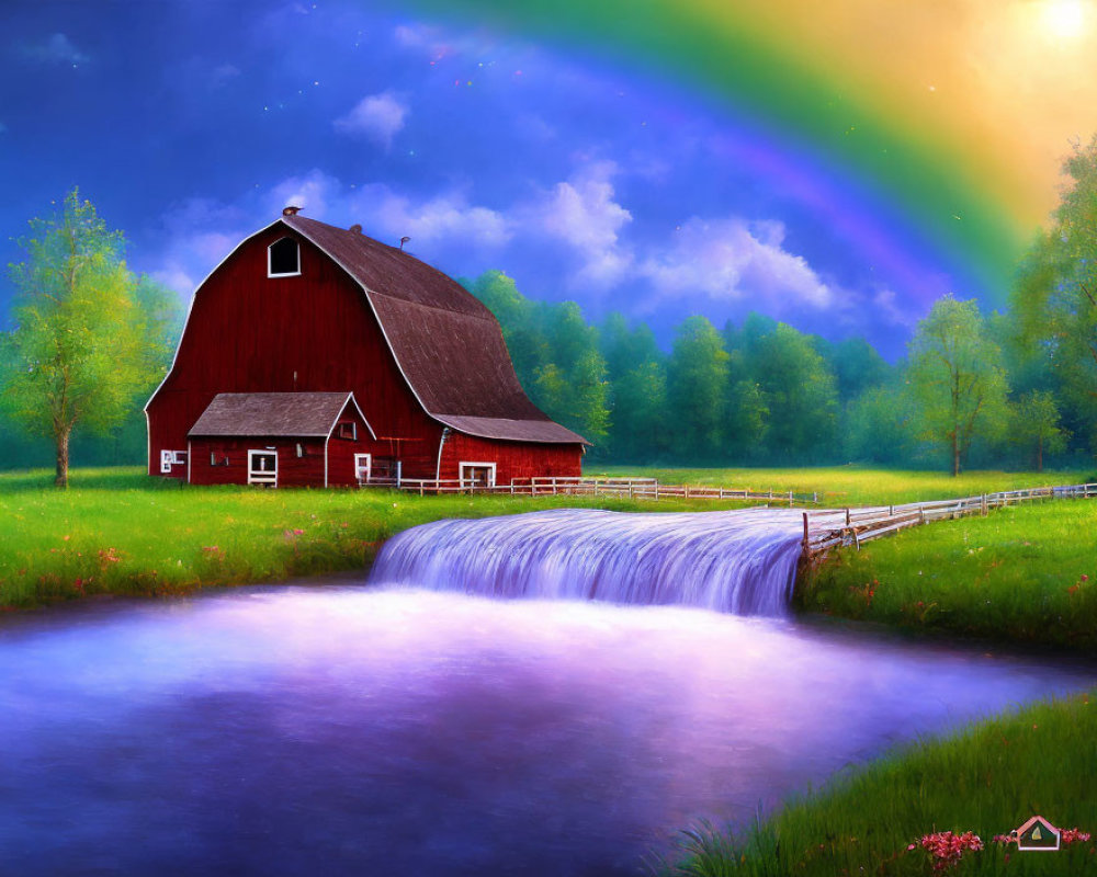 Scenic painting of red barn, waterfall, pond, rainbow, and fields.