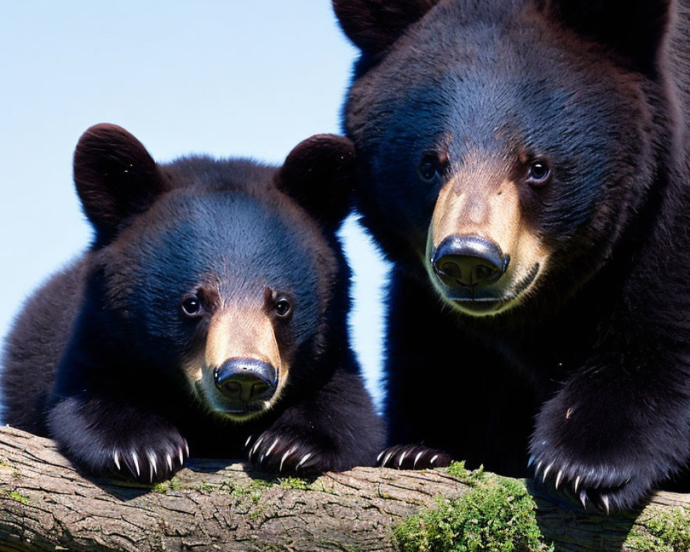 Two black bears resting on a log with trees and blue sky in the background.