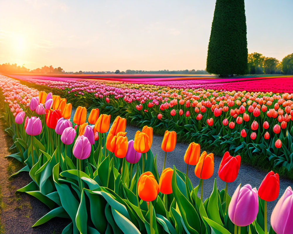 Colorful Tulip Field at Sunset with Tree