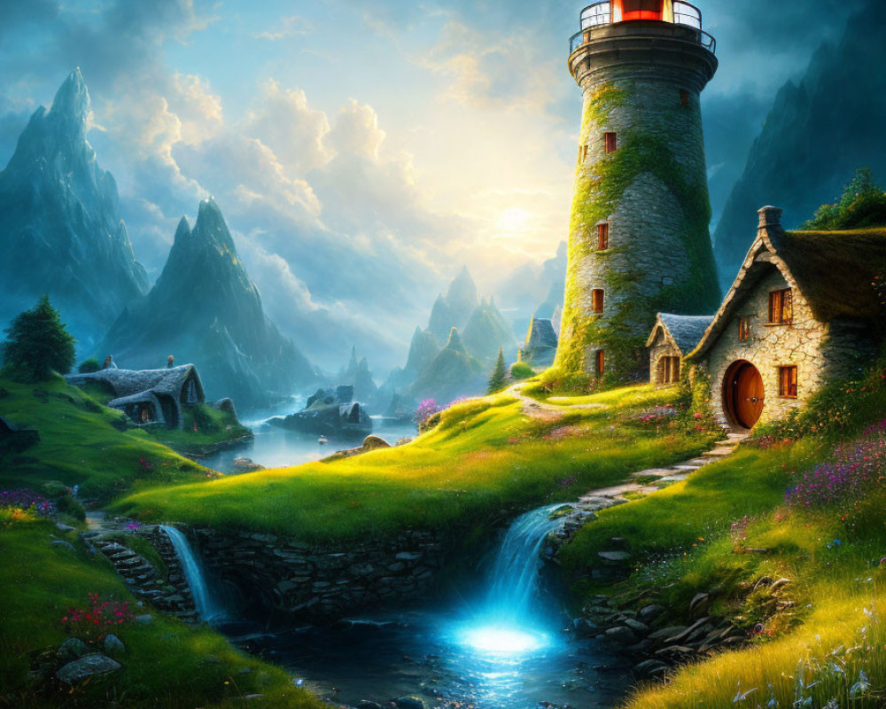 Tranquil landscape with stone cottage and lighthouse by serene stream