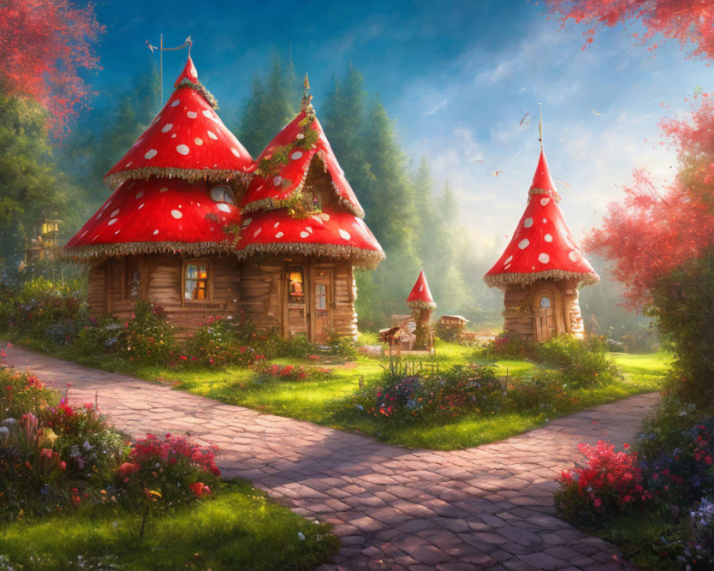 Fairytale cottages with red mushroom cap roofs in mystical forest setting