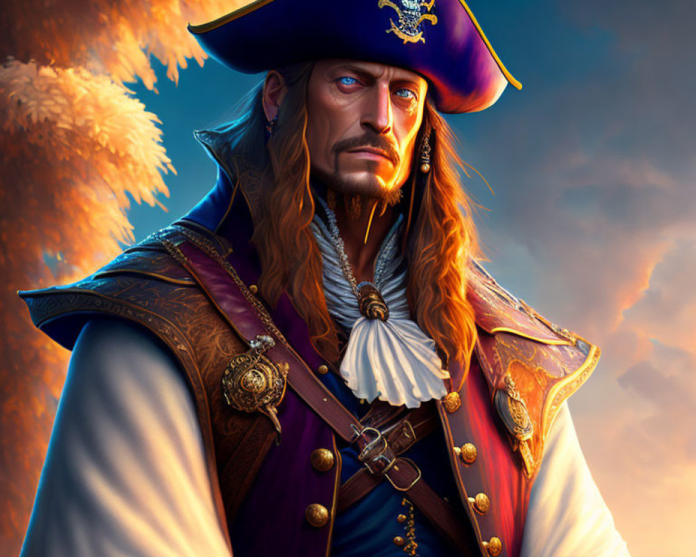 Charismatic pirate captain with tricorn hat and red hair in ornate coat against autumnal backdrop