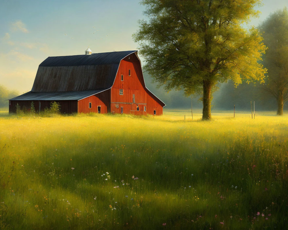 Tranquil landscape with red barn, tree, and tall grass in warm sunlight