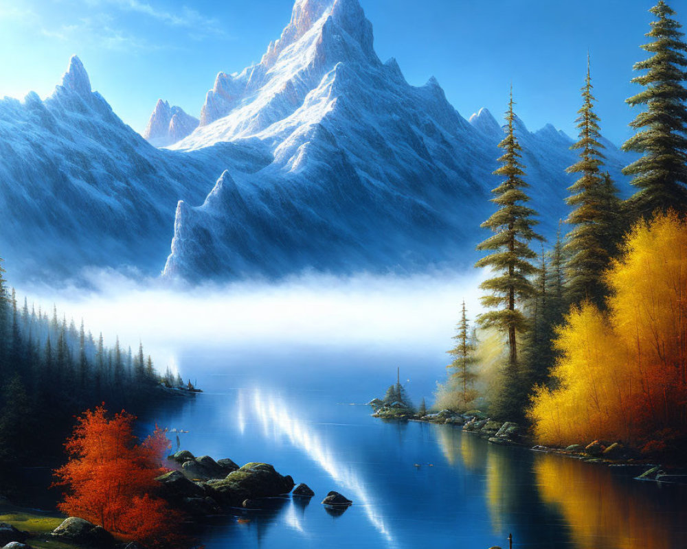 Autumn Landscape with River, Trees, and Snow-Capped Mountain