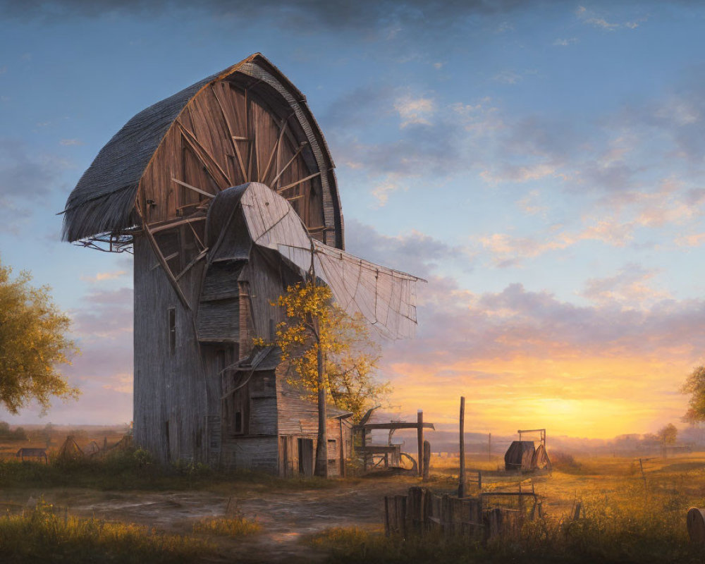 Rural sunrise scene with old wooden windmill and broken cart