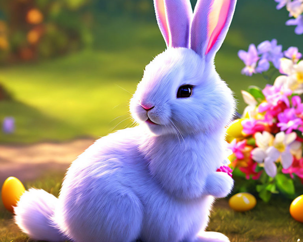 Fluffy white rabbit in lush garden with colorful flowers and Easter eggs