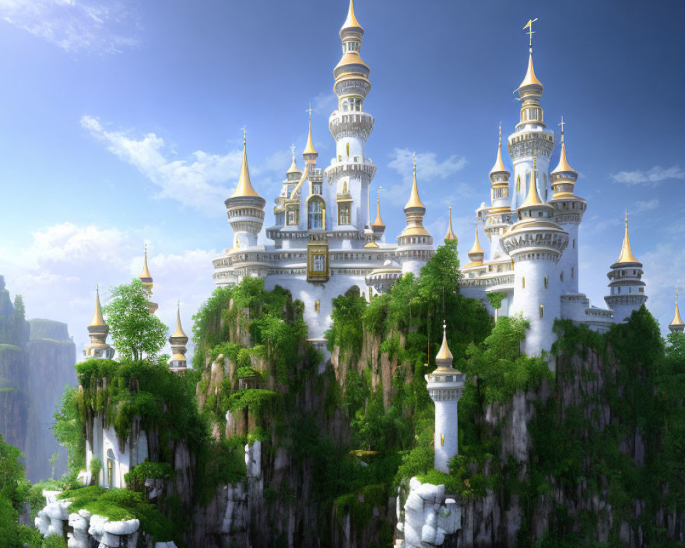 Fantastical castle with multiple spires on lush green cliff