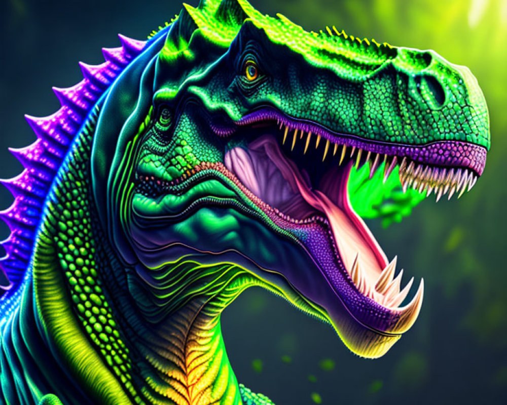 Colorful Roaring T-Rex Digital Artwork with Iridescent Scales