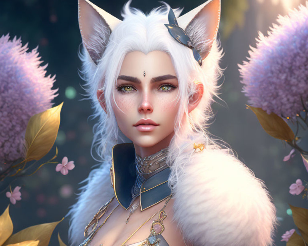 Fantasy portrait of female character with white hair, cat ears, green eyes, floral background, fur