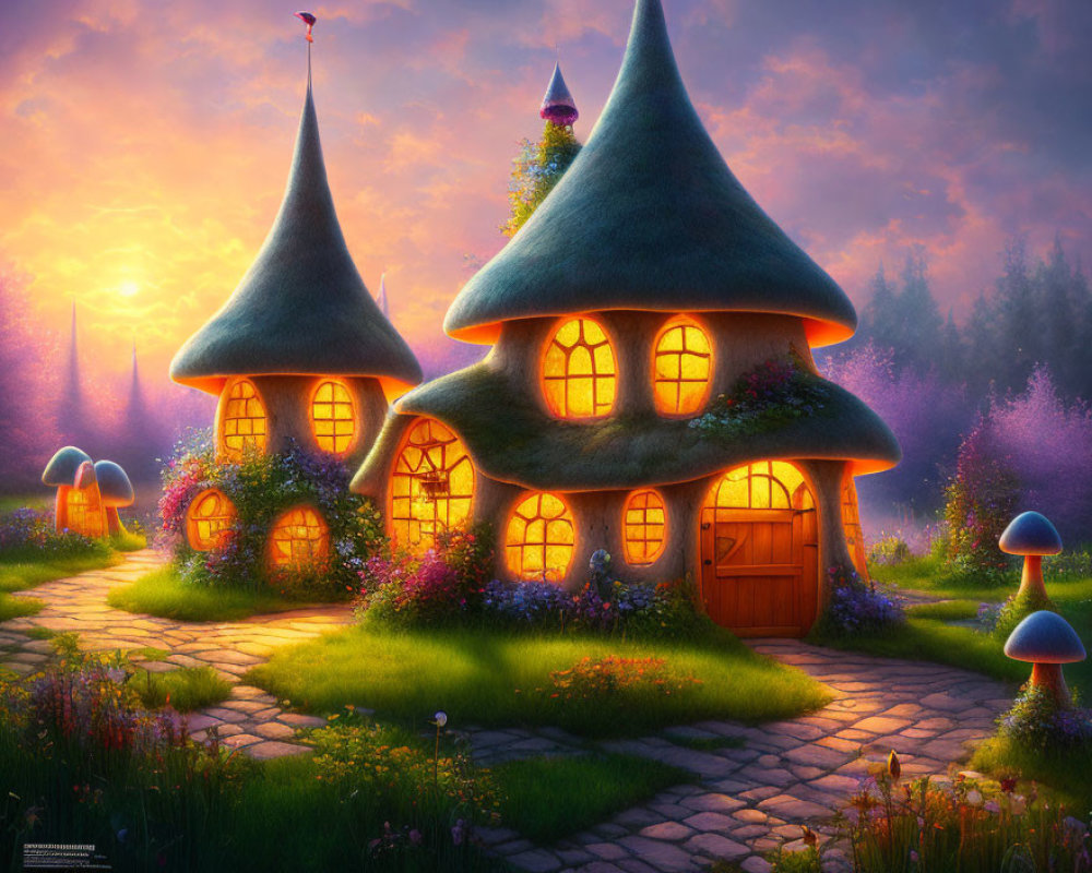 Whimsical fantasy cottage with conical roofs in magical garden at dusk