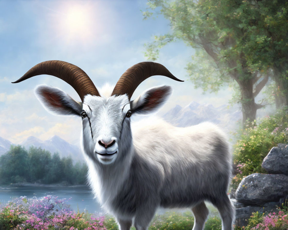 Smiling goat with large curved horns in sunny landscape