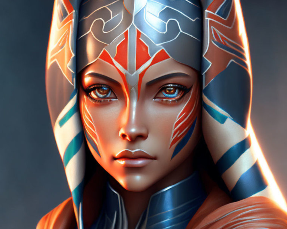 Digital portrait of woman with striking eyes in futuristic helmet with white and orange patterns