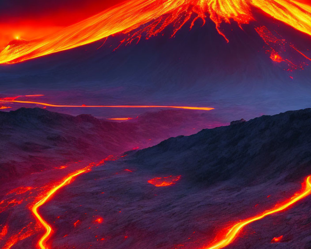 Vivid Nighttime Volcanic Landscape with Flowing Lava Streams