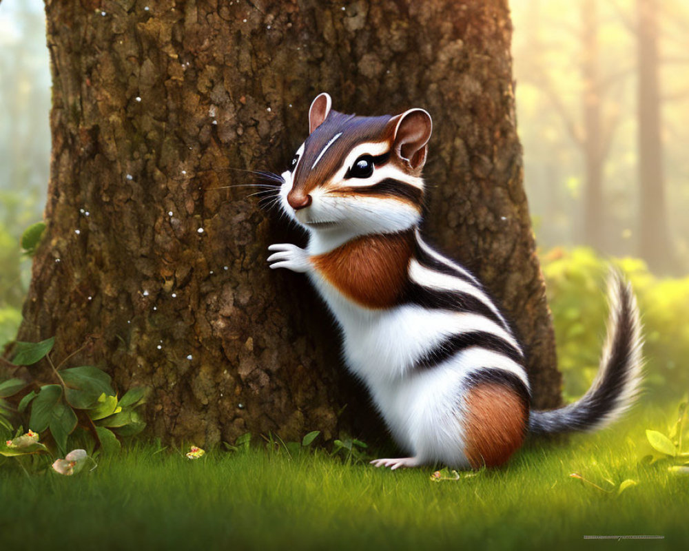 Chipmunk on Tree Trunk in Sunlit Forest with Green Foliage