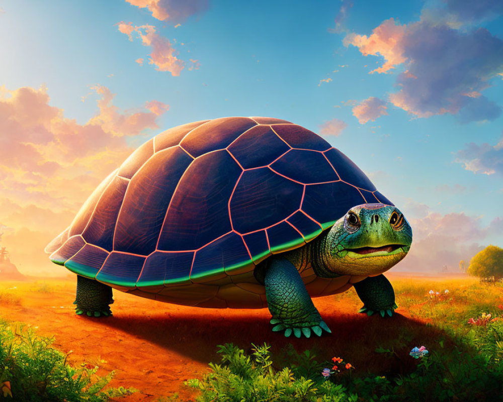 Colorful Giant Turtle Artwork in Sunlit Field with Blue Sky