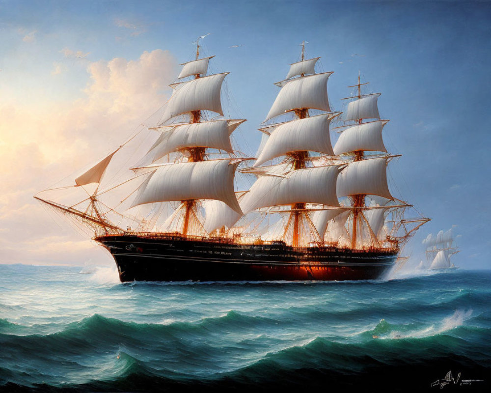 Majestic sailing ship with billowing white sails on turbulent seas