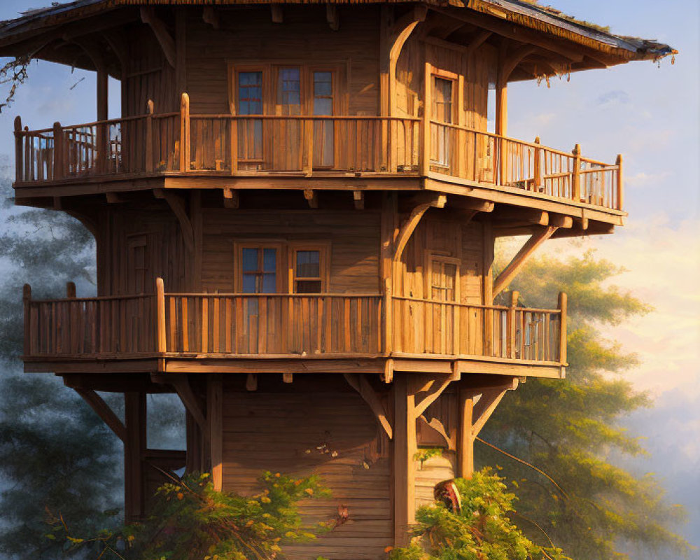 Wooden treehouse with balconies in misty forest