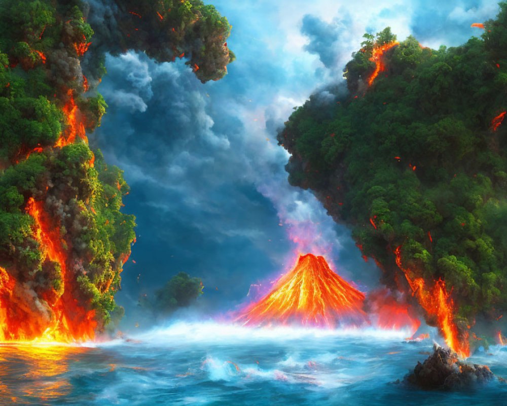 Vibrant volcanic eruption with lava flows into the sea amid lush greenery