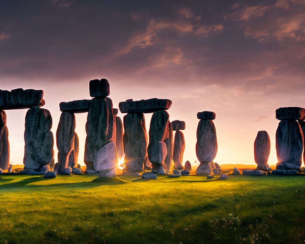 Sunrise illuminating Stonehenge megaliths with long shadows under dramatic sky