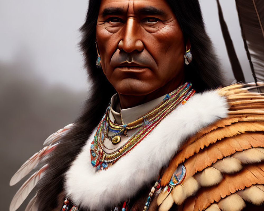 Native American man in traditional attire with long dark hair portrait.