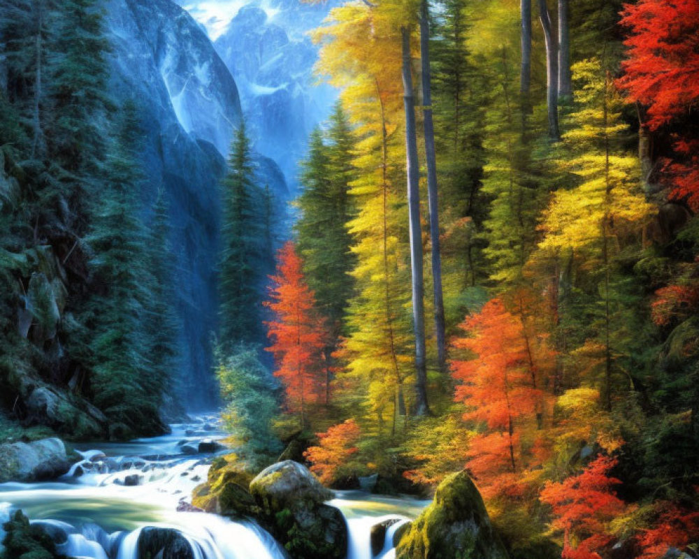 Vibrant autumn waterfall with red and yellow trees, snowy mountains, and blue sky