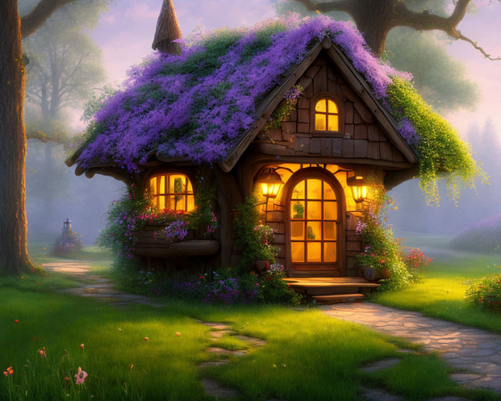 Serene Forest Cottage with Violet Flower Roof and Warm Light