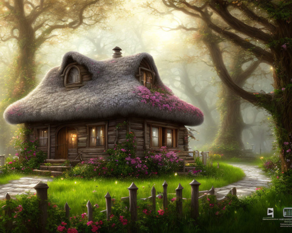 Thatched Cottage Surrounded by Trees and Flowers