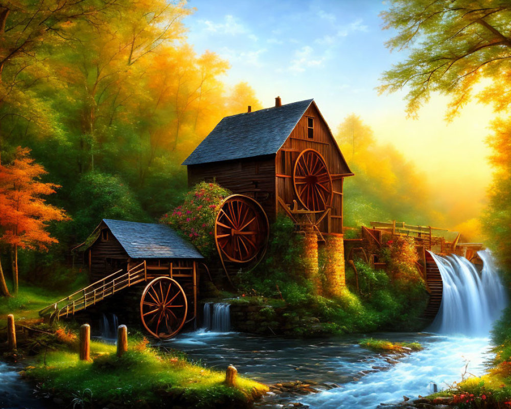 Scenic wooden watermill by autumn waterfall and vibrant trees