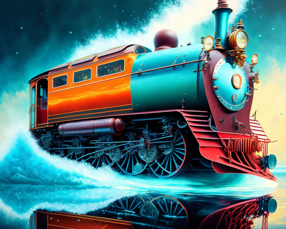 Detailed Illustration: Classic Steam Train on Surreal Wave at Sunset