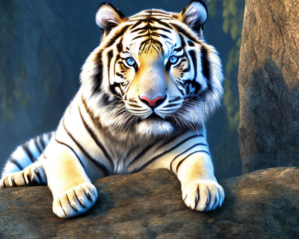 White Tiger with Blue Eyes and Prominent Stripes Lounging on Rock