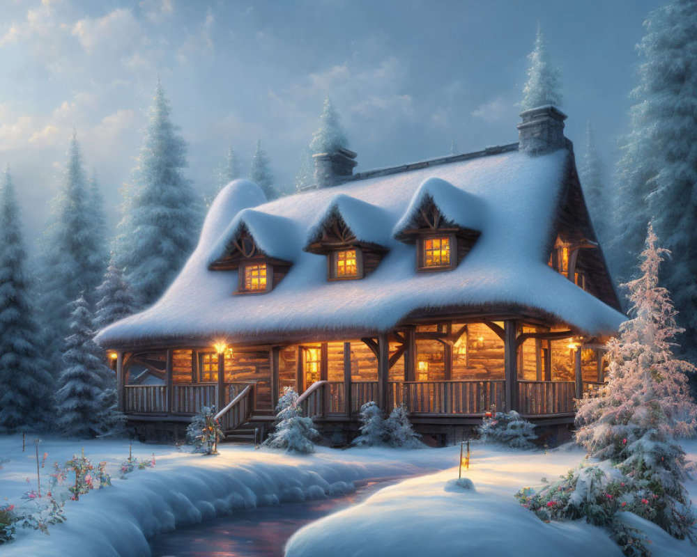 Snow-covered cottage nestled among frosty trees by flowing stream under twilight sky