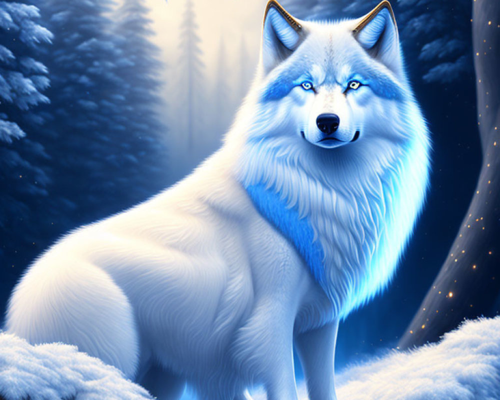 Majestic white wolf in snowy forest under twilight sky