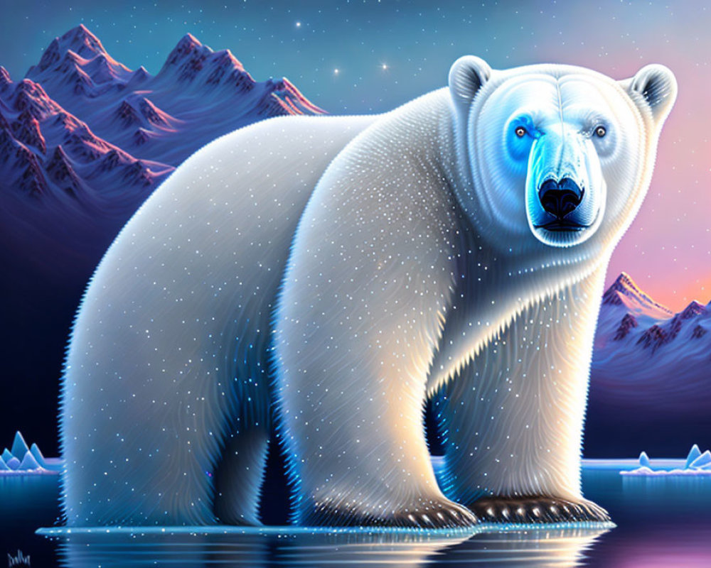 Luminous polar bear digital illustration with blue aura by icy waters