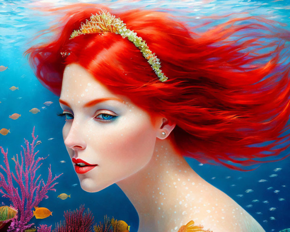 Vibrant underwater scene: woman with red hair, blue eyes, diadem, coral, and