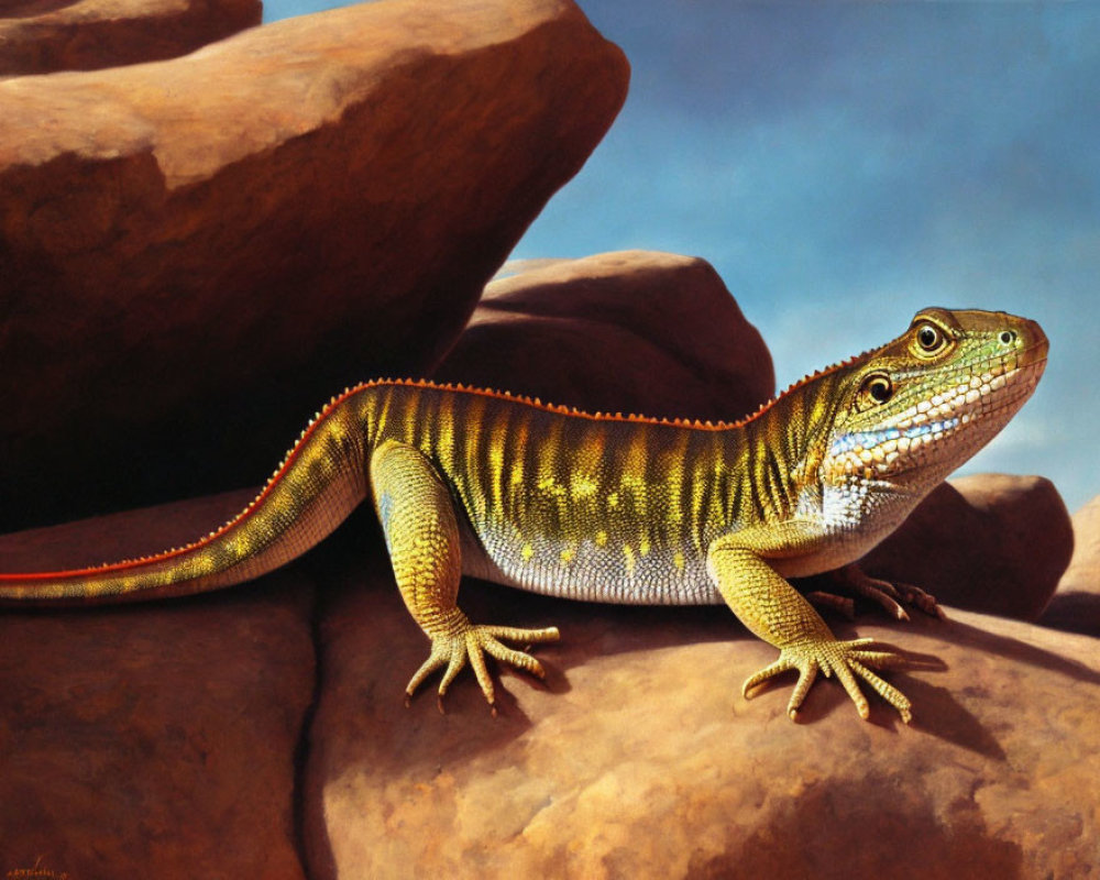 Realistic painting of lizard basking on rock under warm light