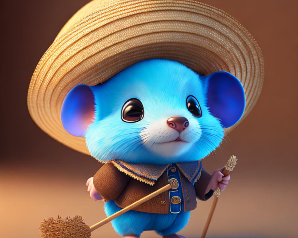 Adorable Blue Mouse with Broom in Straw Hat and Jacket