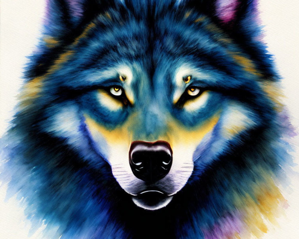 Colorful Wolf Face Painting with Yellow Eyes and Blue-Purple Fur