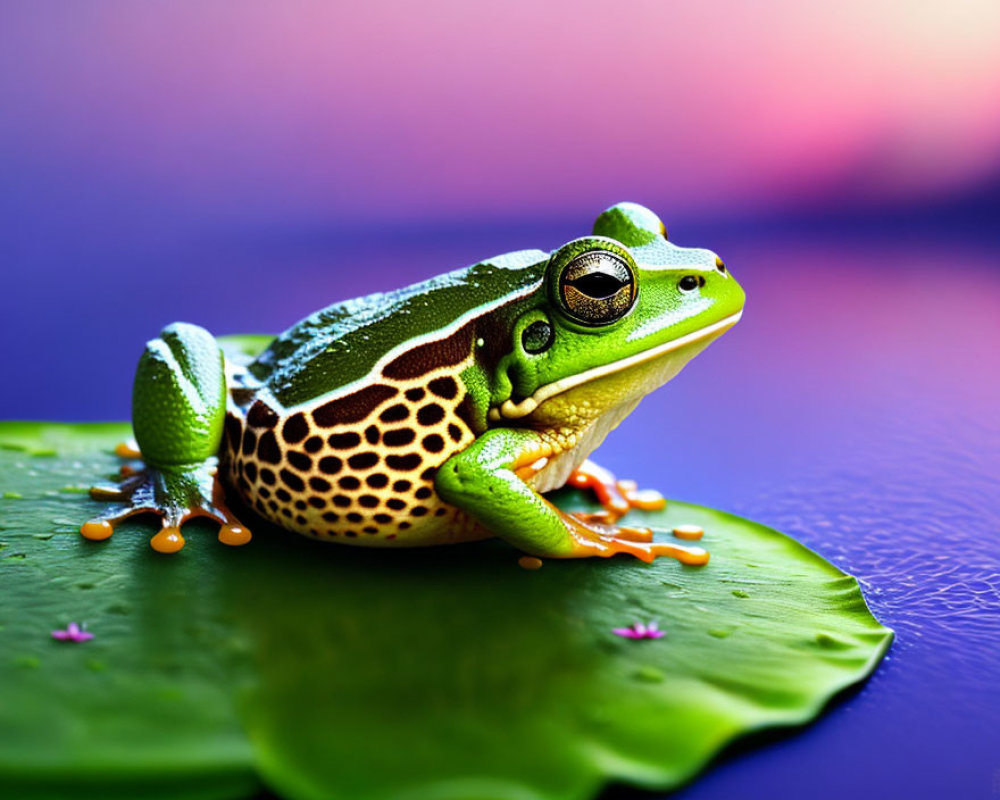 Colorful Green Frog on Lily Pad with Soft-Focus Background