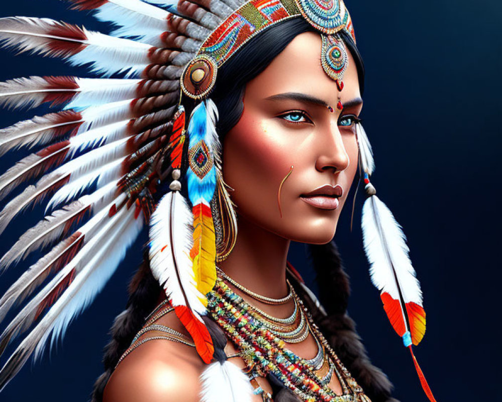 Native American headdress portrait with intricate feather and beadwork on blue background