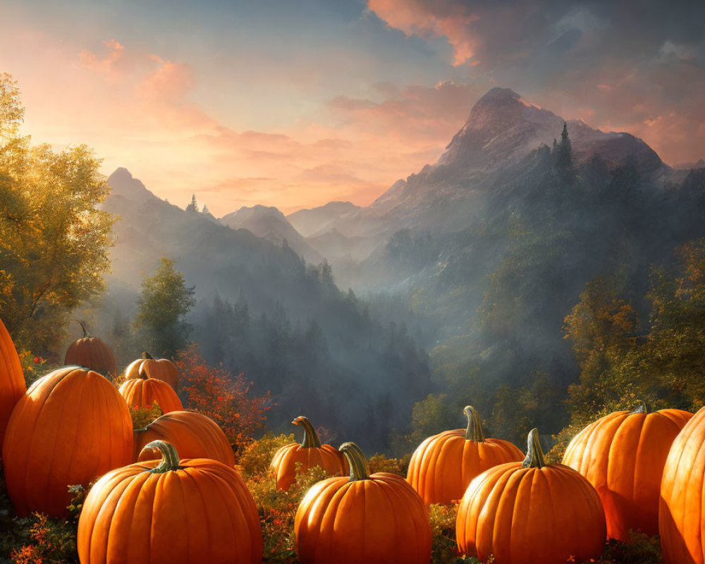 Autumn Sunrise Landscape with Pumpkins and Misty Mountains