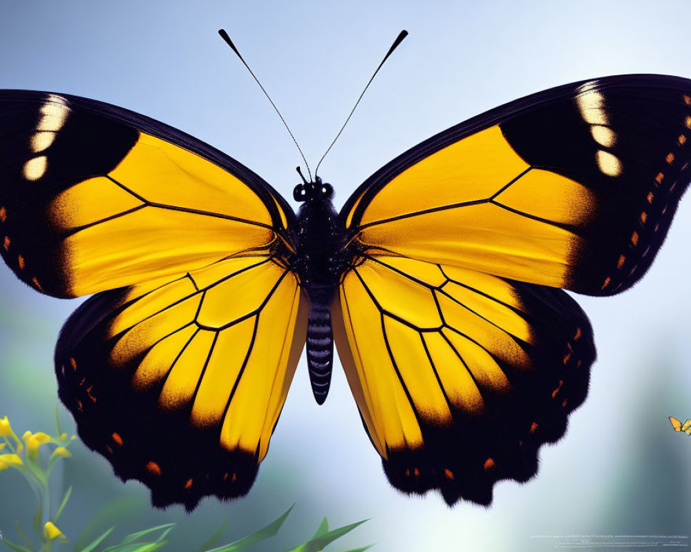 Yellow and Black Butterfly with Open Wings Against Soft-focus Background