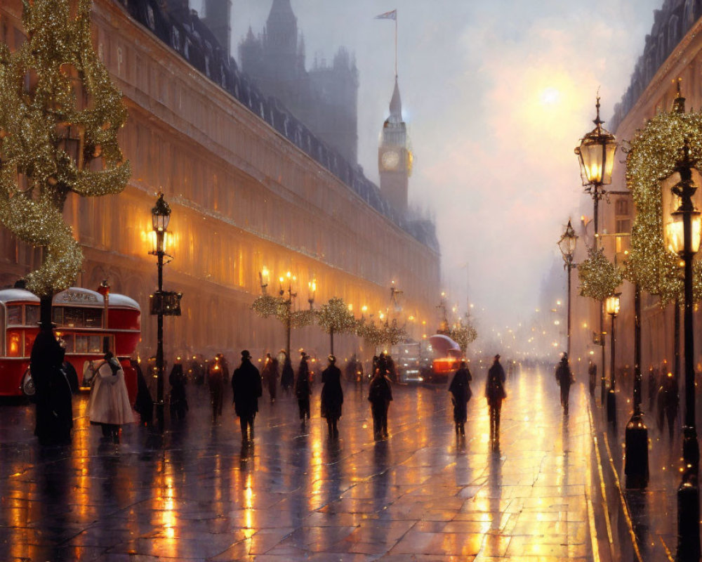 City street with vintage red bus, clock tower, and warm lights on misty evening