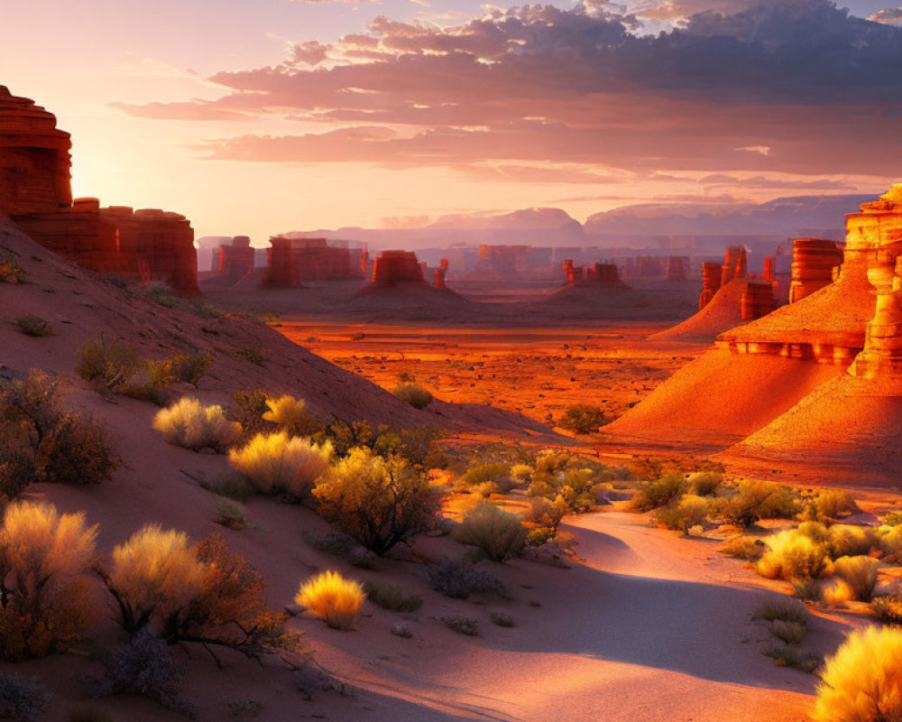 Desert landscape with rock formations under glowing sunset sky