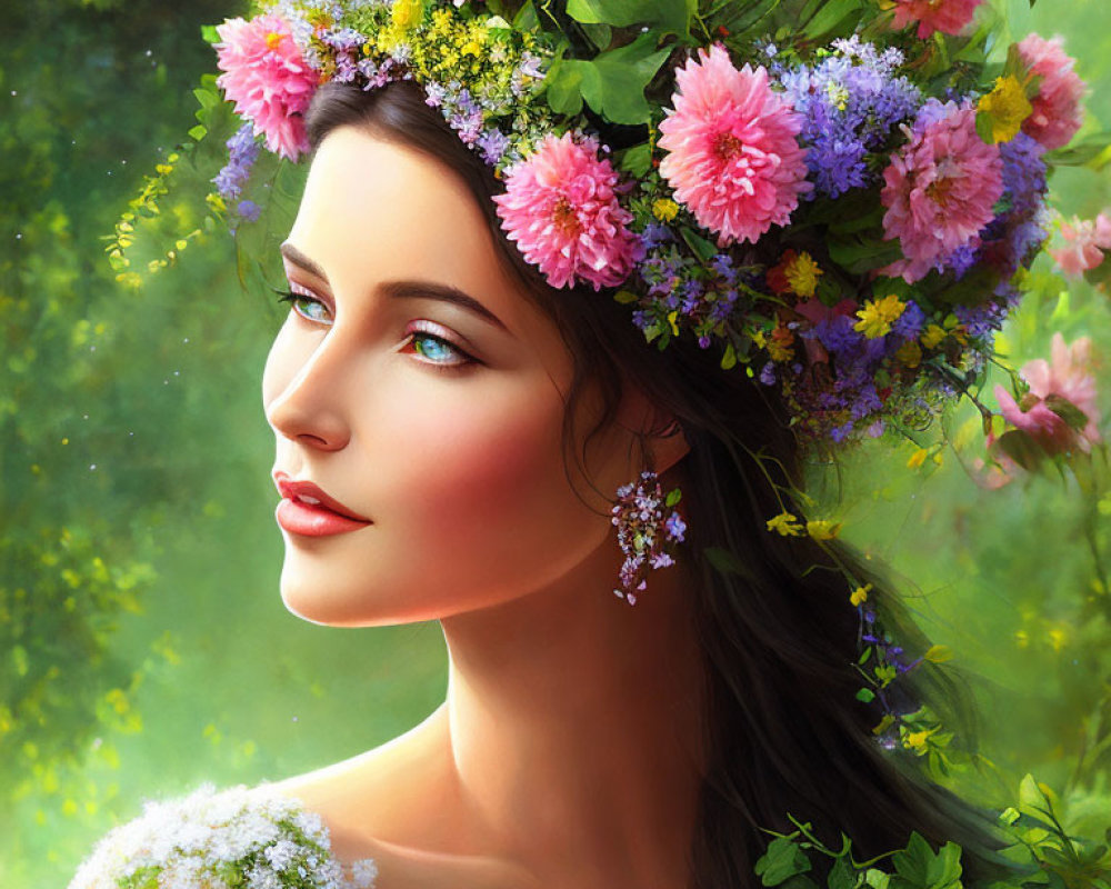 Woman with floral wreath in lush green setting, vibrant blue eyes